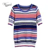 Camiseta de manga corta con cuello redondo para mujer de alta calidad a rayas de punto de verano, Jersey femenino, Tops B-120 210522