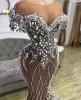 2022 Plus Size Arabic Beading Mermaid Split Prom Dresses Sheer Neck Short Sleeve Evening Formal Party Second Reception Gowns