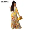 CM.YAYA Autumn Women Set Full Sleeve V-neck Crop Tops Wide Leg Pants Two 2 Piece Sets Street Tracksuit Chiffon Beach Outfits 211007