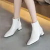 Meotina Women Short Boots Shoes Natural Genuine Leather Block Heels Ankle Boots Pointed Toe Mid Heel Zipper Lady Boots Beige 43 210520