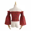 Verão moda vermelho xadrez mulheres petite off ombro shirred vermelho tartan verificação pescoço sexy blusa de camisa vintage poi8 210603