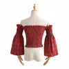 Summer Fashion RED Plaid Women Petite Off Shoulder Shirred Red Tartan Check Slash Neck Sexy Vintage Shirt Blouse POI8 210603