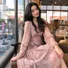 Autumn Women Chiffon Dress A Line V Neck Long Lady Vintage Floral Printed Casual Korean Style Ruffle Sweet Vestidos Dresses