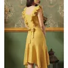 VIELLEICHT U Gelbes, ärmelloses Tanktop mit O-Quadrat-Kragen, knielanges Kleid, Empire-Schleife, asymmetrisches Meerjungfrauenkleid, Sommer D1495 210529