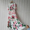 Mode féminine manches courtes perles impression florale longue Maxi robe d'été élégant concepteur fête Vestidos De Mujer décontracté 210601