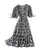 Lato Slim V Neck Krótki Rękaw Sukienka Linia Floral Print High Waist Mid-Calf Women Party Dress 210521