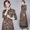 Mode Designer Runway Chain Leopard Print Kvinnors Slå ner Krage Långärmad Vintage High Waist Party Maxi Dress 210416