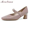 Meotina Mary Janes Shoes String Bead Real Leather High Heel Pumps Women Buckle Square Toe Footwear Block Heels Shoes Beige 40 210520