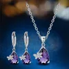 Orecchini Collana Dainty Femminile Set di gioielli in cristallo viola Fascino Colore argento Ciondola per le donne Catena di nozze a farfalla di lusso3611710