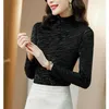 Korean Women Blouses Leopard Plus Velvet Warm Woman Turtleneck Long Sleeve Shirt Print Tops 210531