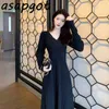 Temperamen Solid High Waist Slim V Neck White Knitted Pleated Dress Women Autumn Winter Bottom Sweater Dress Vestido Mujer 210610