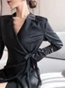 Black Blazer платье кружева Bodycon с длинным рукавом бриллианты цепь офис женская куртка женский наряд осенью одежда 210608