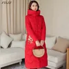 Winter Women Cotton Coat Flower Embroidery Single Breasted Long Jacket Stand Collar Thick Warm Outwear 210423