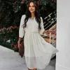 Летние старинные платья женщины ruffles v-образным вырезом твердые высокие талии белое MIDI платье вскользь праздник элегантные кружевные платья Vestidos одежда 210521