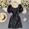 Summer Women Dress French Style Cherry Embroidery Square Collar Short Puff Sleeve Slim High Waist Chic Vestidos Robe 210603