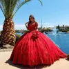 ふくらふれた赤いQuinceaneraドレスレースアップリケオフショルダービーズ甘い16ドレスPageant Gowns Vestidos