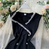 NELLOE грибное пэчворное платье женщин V-образным вырезом сетки фонарика рукава двойные грубые платья тонкие талии A-Line Vestidos 1D858 210423