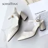 SOPHITINA Mature Women Sandals Ankle Strap Pleated Design High Quality Sheepskin Square Heel Shoes Fashion Buckle Sandals SO418 210513