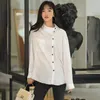 Elegant Open Line Pocket Blouse Women's Spring Skew Collor Single Breasted Long Sleeve Loose Shirt 5B628 210427