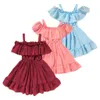 0-6y Kid Baby Girl Dress Clothing Solidna Off Ramska Pasek Wzburzyć Suknie Dorywczo Maluch Dresses Dla Dziewczyn Letnia Odzież Q0716