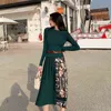 Banulin 2021 Neue Frühling Herbst Elegante Gestrickte Patchwork Plissee Midi Kleid Frauen Langarm Retro Runway Druck chic Kleider G1214