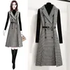 Autumn Winter Women Houndstooth Sleeveless Notched Collar Double-Breasted Split Office Tweed Plaid Midi Dress With Belted Top 210416