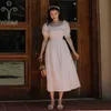 YOSIMI Long Dress Summer Short Sleeve Square Collar Mid-Calf Fit and Flare Cotton Lace White Bandage Women Dresses Vintage 210604