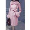 Winter Wool Coat Women Pink Plus Size Jackets Gray Fur Collar With Belt Korean Fashion Clothing Long Blends Coats LR645 210531