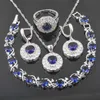 Eleganckie zestawy biżuterii ślubnej posrebrzane niebieski cyrkon dla kobiet bransoletka naszyjnik wisiorek kolczyki pierścień brithday prezent QS0269 H1022