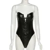 Colysmo Deri Bodysuit Üst Dantel Yukarı Kolsuz Katı Renk Slim Fit Siyah Korse Kadınlar Seksi Kulübü Kıyafetler 210527