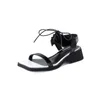 Morzora Sommar Äkta Läder Sandaler Kvinnor Fashion Square Heels Lace Up Casual Skor Blandade färger Kvinnor Sandaler 210506