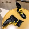 SOPHITINA Women's Ankle Boots Contrast Yellow And Green Lace Up Elastic Slip-on Round Toe Army Bootie Fashion Women Shoes PO732 210513