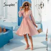 Elegantes rosa hohes Taillen-Faltenkleid lässig Urlaub Frühling langärmeliges Frauen-Sommerkleid sexy tiefer V-Ausschnitt Vestidos 210414