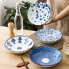 لوحات عشاء يابانية 8 بوصة أبيض وزرقاء الأزرق من الأطباق أطباق مقبلات الأطباق للمطعم المنزلي تصميم موجة الأسماك الأزهار