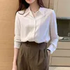 Koreanische Frauen Seidenhemden Frau Satin Blusen Langarm Weiß Casual V-Ausschnitt Bluse Tops Plus Größe XXL 210427
