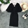 Gaganight Solid Women Elegant Dress Batwing manica corta con scollo a V Sash Mini abiti da festa in maglia aderente elastico Chic Dress 210519