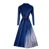 Women Office Work Dress Spring Autumn Long Sleeve High Waist with Blet Patchwork Pleats es Ladies Elegant Midi 210525