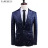 Mens Fashion Geometric Print Velvet Blazer One Button Laple Slim Fit Dress Suit Jacket Party Wedding Dinner Costume Homme 210522
