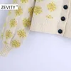 Zevity New Women Elegant Floral Print Buttons Knitting Sweater Femme Chic Basic V Neck Lantern Sleeve Casual Cardigans Tops S476 210419