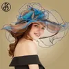 FS Pink Kentucky Derby Hat voor Vrouwen Organza Sun Hoeden Bloemen Elegante Zomer Grote Brede Brauwe Dames Bruiloft Kerk Fedoras T200602