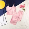 Svart Bakgrundsresa För Kvinnor Pajama Lace Sexig Sleepwear Satin Spaghetti Strap Pyjamas med byxor Intima Underkläder Q0706