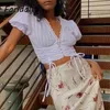 V Neck Ruched White Crop Tops Kvinnor Lace Button Up Cotton Blouse Puff Sleeve Summer Beach Cherry Print 210427