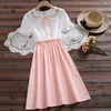 اليابانية نمط preppy الصيف vestido دي فيرانو بلون مغاير القوس 3colour الحلو اللباس لطيف مصغرة رداء فام قصيرة الأكمام 210520