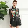 Fashion Set Spring Women's Crystal turn-down collar Long sleeve Floral-Print Blouses Tops+Shorts Black Two-piece set 210524