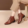 Meotina Hakiki Deri Orta Topuk Ayak Bileği Çizmeler Kadın Ayakkabı Kare Toe Tıknaz Topuklu Zip Çapraz Bağlı Kısa Çizmeler Bayanlar Sonbahar Kış 210608