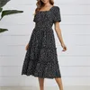 Été Amour Motif Dot Imprimer Dres Casual Manches Courtes Col Carré Volants Moyen Long Robe En Mousseline De Soie 220311