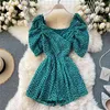 Летние женщины Boho Beach Playsuits Винтажный стиль Флористический принт V-образным вырезом в рукаве высокая талия короткие штаны зеленые шифоновые коммуникации 210603