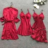 Women's 4 Pieces Pajamas Sets Sexy Robe Faux Silk Sleepwear Lace Bathrobe Autumn Fashion Lingerie Big Size 210809