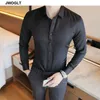 Autumn Korean Style Men's Casual Shirts Long Sleeved Turn-down Collar Button Down Regular Fit White Black Social Shirt 210626