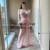 Pink Jumpsuit Prom Dresses muslim middle east luxury Bead Top Feather Full Sleeve Outfit Pants Evening Wears robes de soirée